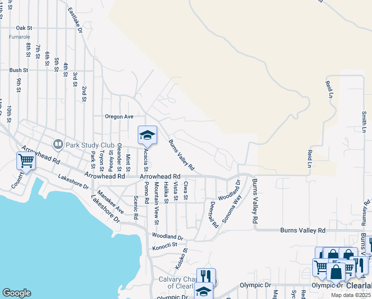 map of restaurants, bars, coffee shops, grocery stores, and more near 14142 Burns Valley Road in Clearlake