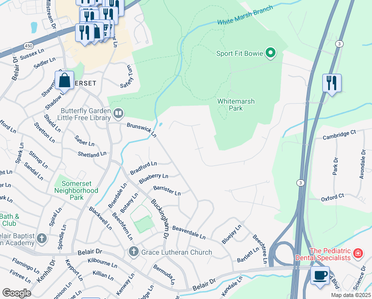 map of restaurants, bars, coffee shops, grocery stores, and more near 13041 Forest Drive in Bowie