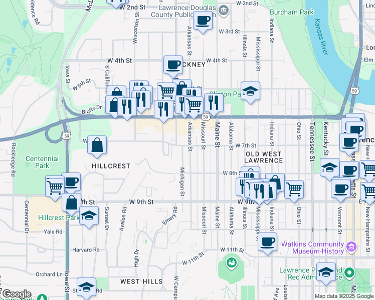 map of restaurants, bars, coffee shops, grocery stores, and more near 705 Arkansas Street in Lawrence