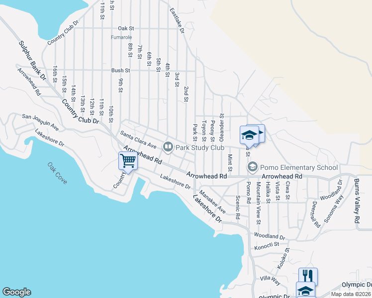 map of restaurants, bars, coffee shops, grocery stores, and more near 3496 2nd Street in Clearlake