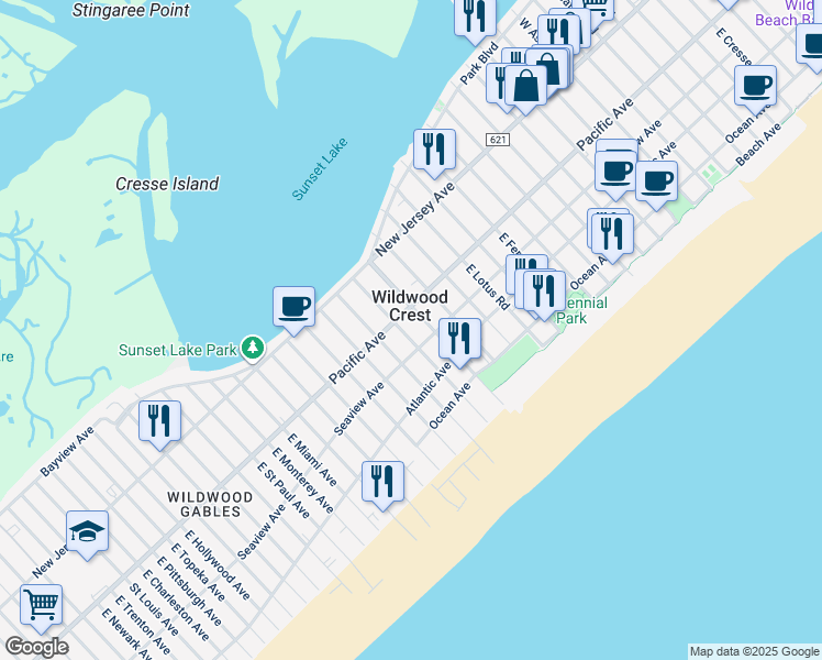 map of restaurants, bars, coffee shops, grocery stores, and more near 507 East Orchid Road in Wildwood Crest