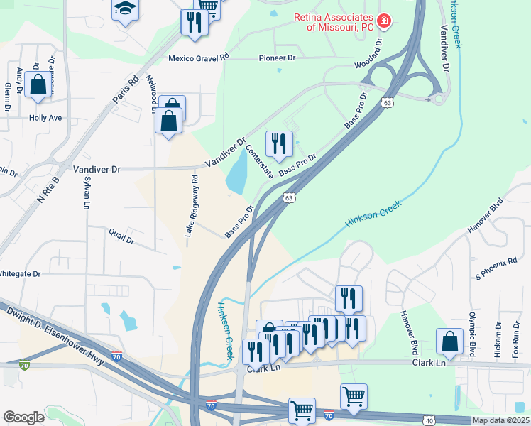 map of restaurants, bars, coffee shops, grocery stores, and more near US Highway 63 in Columbia