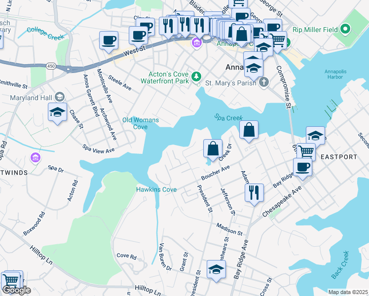 map of restaurants, bars, coffee shops, grocery stores, and more near 6 President Point Drive in Annapolis