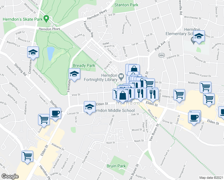 map of restaurants, bars, coffee shops, grocery stores, and more near 802 Vine Street in Herndon