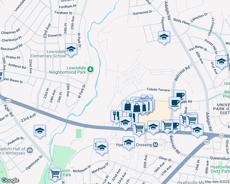 map of restaurants, bars, coffee shops, grocery stores, and more near 3215 Toledo Pl in Chillum