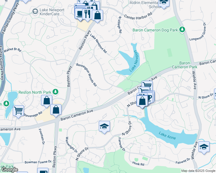map of restaurants, bars, coffee shops, grocery stores, and more near 1608 North Village Road in Reston