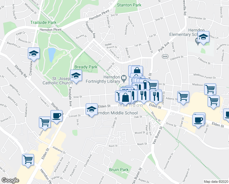 map of restaurants, bars, coffee shops, grocery stores, and more near 802 Vine Street in Herndon