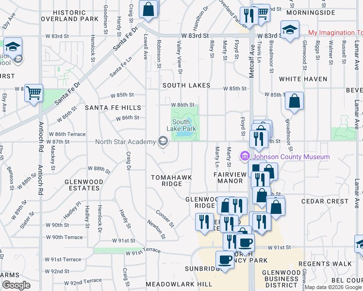 map of restaurants, bars, coffee shops, grocery stores, and more near 8701 Conser Street in Overland Park