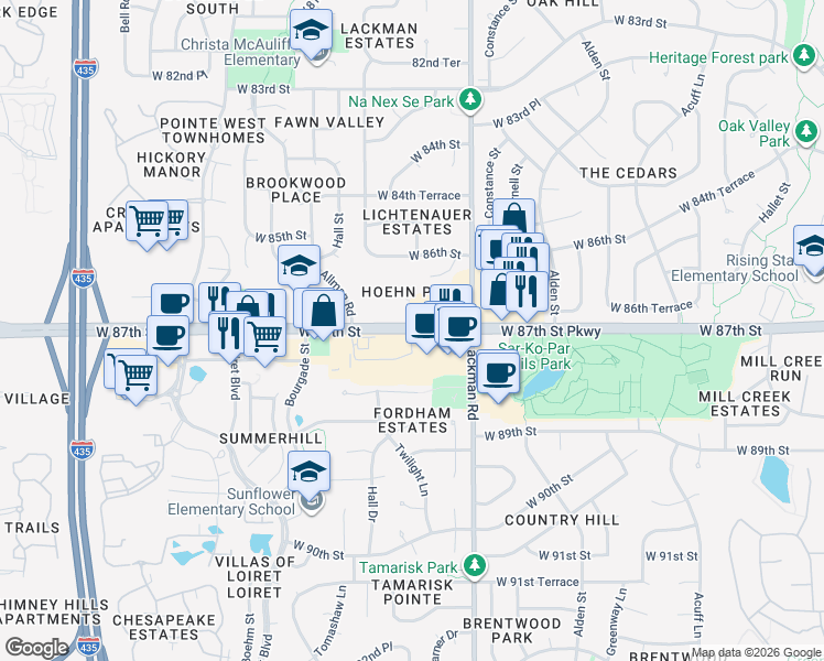 map of restaurants, bars, coffee shops, grocery stores, and more near West 87th Street Parkway in Lenexa