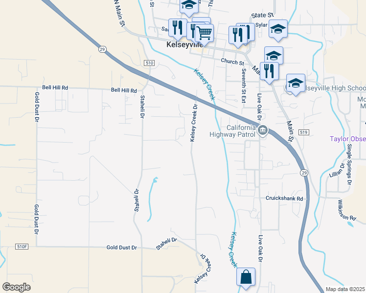 map of restaurants, bars, coffee shops, grocery stores, and more near 5750 Staheli Drive in Kelseyville