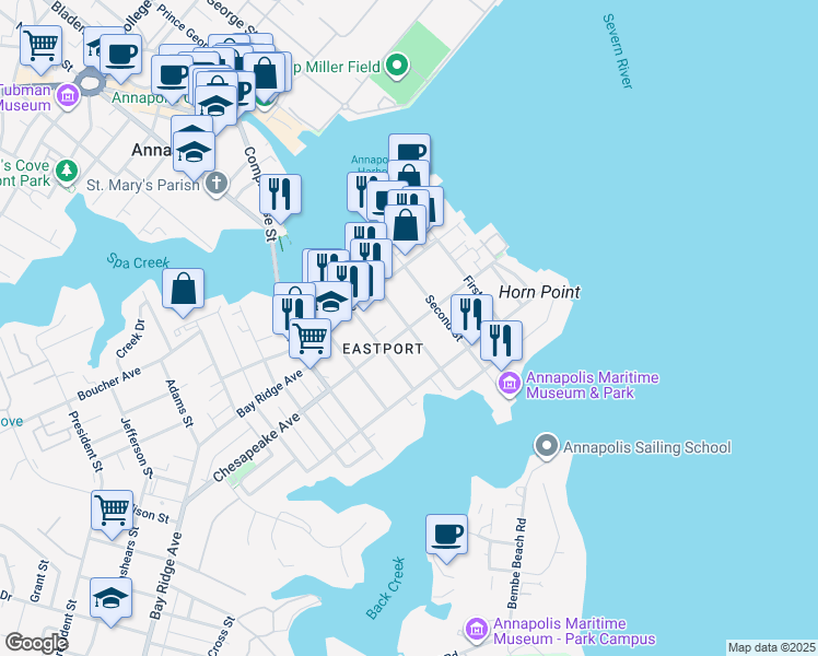 map of restaurants, bars, coffee shops, grocery stores, and more near Third Street in Annapolis