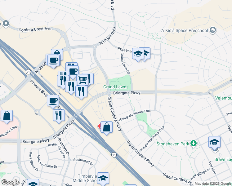 map of restaurants, bars, coffee shops, grocery stores, and more near Briargate Parkway in Colorado Springs