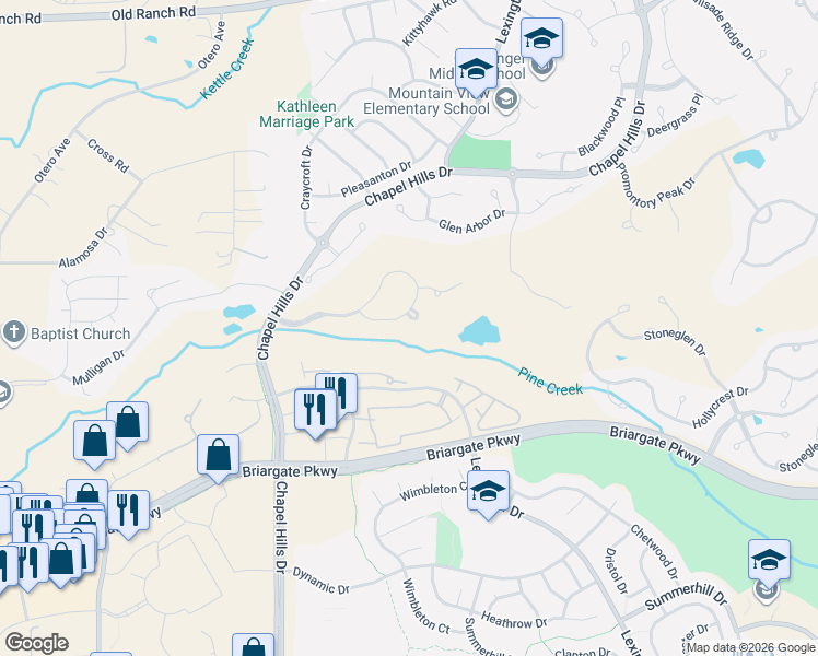 map of restaurants, bars, coffee shops, grocery stores, and more near 2559 Willow Glen Drive in Colorado Springs