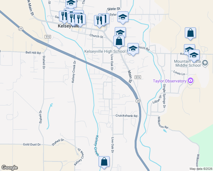 map of restaurants, bars, coffee shops, grocery stores, and more near 5701 Live Oak Drive in Kelseyville