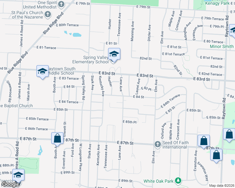 map of restaurants, bars, coffee shops, grocery stores, and more near 8313 Lane Avenue in Raytown