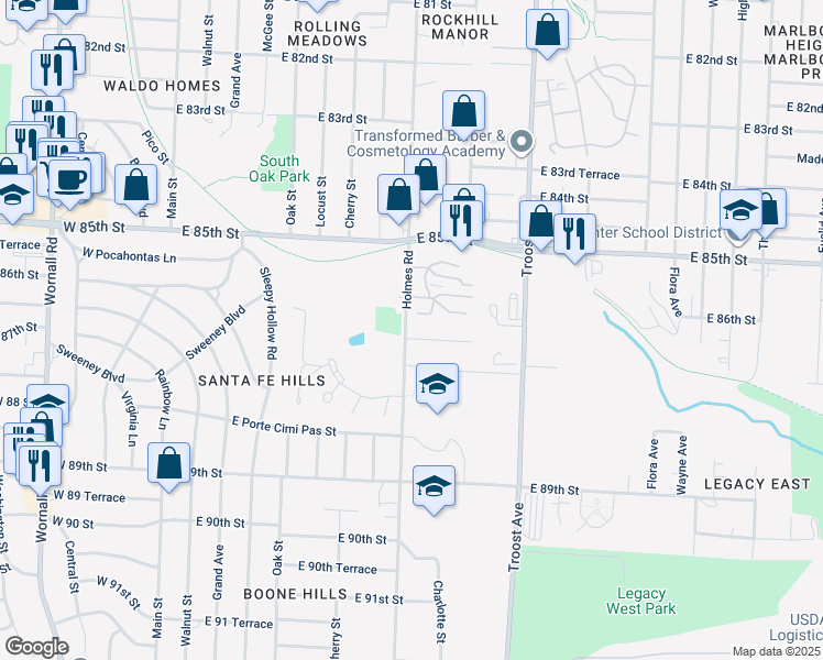 map of restaurants, bars, coffee shops, grocery stores, and more near 8525 Holmes Road in Kansas City