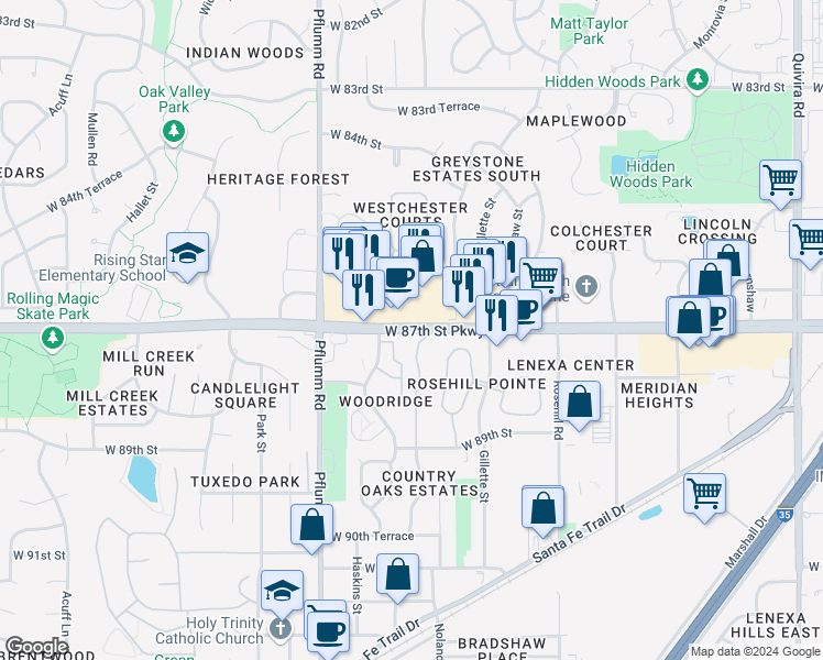 map of restaurants, bars, coffee shops, grocery stores, and more near 13120 West 87th Street in Lenexa