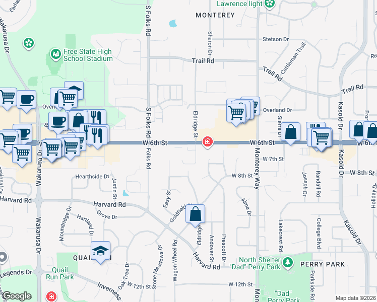 map of restaurants, bars, coffee shops, grocery stores, and more near in Lawrence