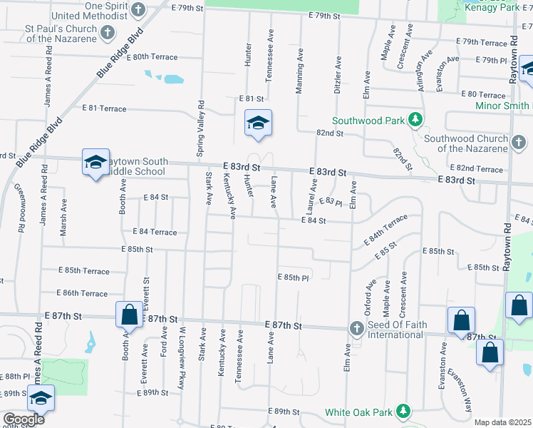 map of restaurants, bars, coffee shops, grocery stores, and more near 8313 Lane Avenue in Raytown