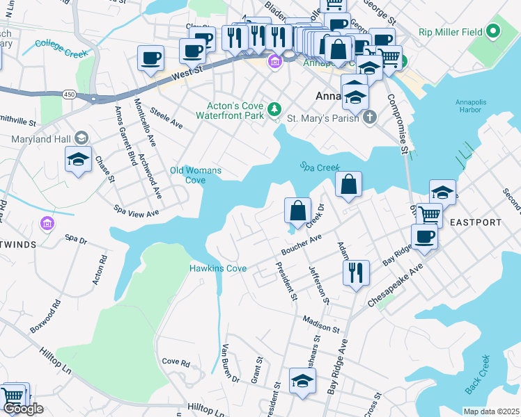 map of restaurants, bars, coffee shops, grocery stores, and more near 14 President Point Drive in Annapolis
