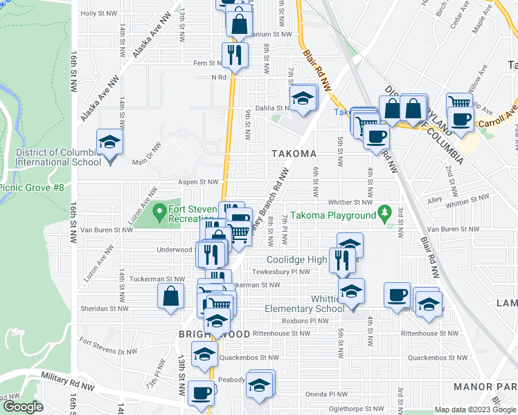 map of restaurants, bars, coffee shops, grocery stores, and more near 6626 Piney Branch Road Northwest in Washington