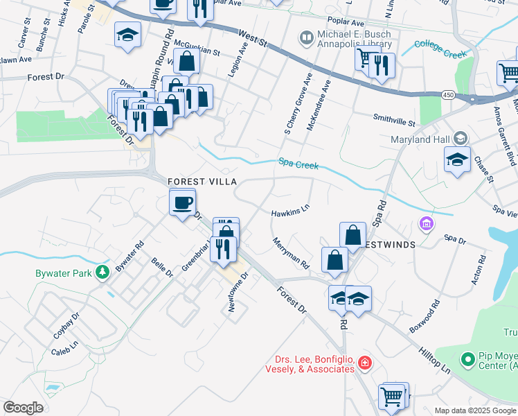map of restaurants, bars, coffee shops, grocery stores, and more near South Cherry Grove Avenue in Annapolis