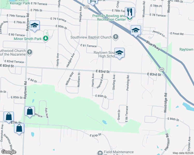 map of restaurants, bars, coffee shops, grocery stores, and more near 8305 Harris Avenue in Raytown