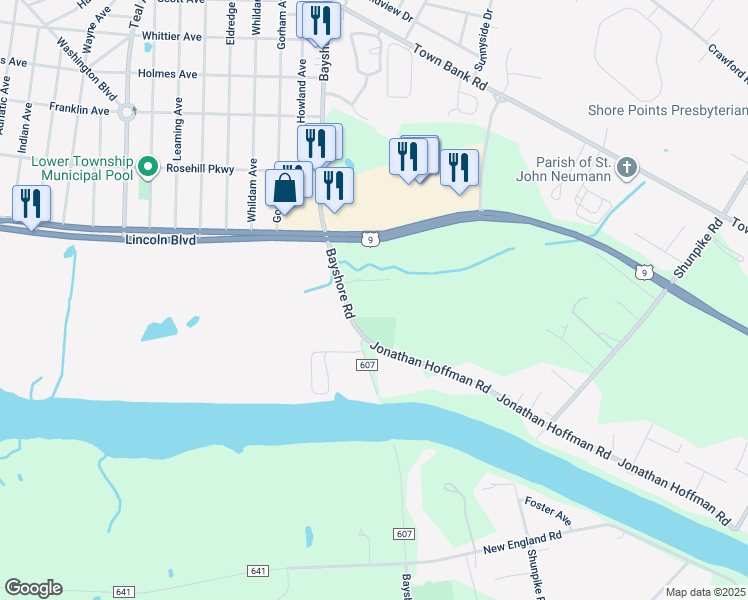 map of restaurants, bars, coffee shops, grocery stores, and more near 3903 Bayshore Road in Cape May