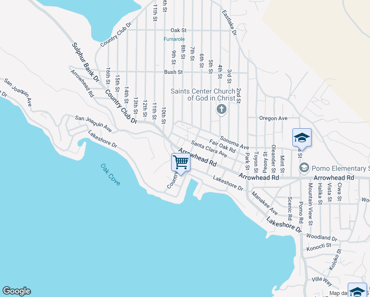 map of restaurants, bars, coffee shops, grocery stores, and more near 13478 Arrowhead Road in Clearlake