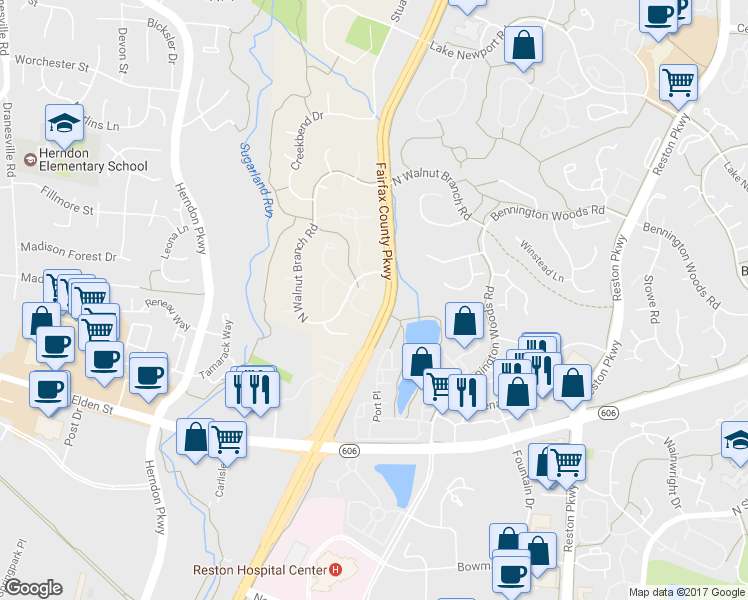 map of restaurants, bars, coffee shops, grocery stores, and more near 1709 Sundance Drive in Reston