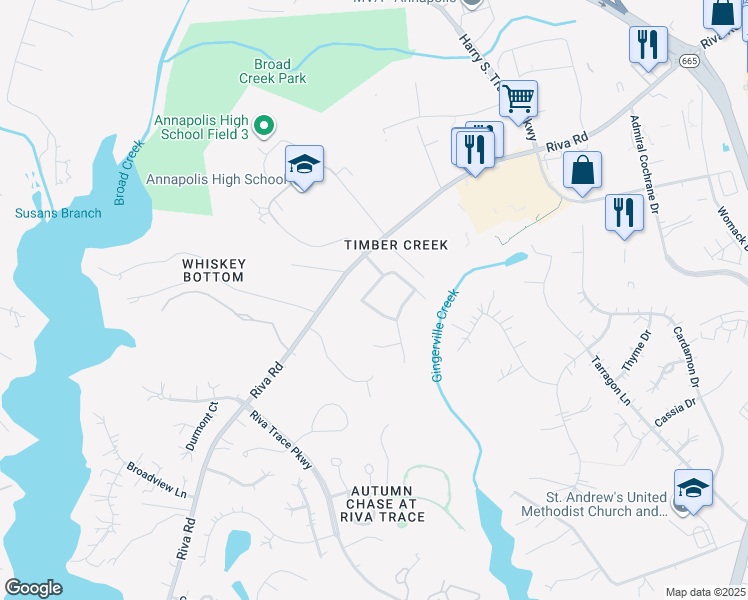 map of restaurants, bars, coffee shops, grocery stores, and more near 2707 Judson Place in Annapolis