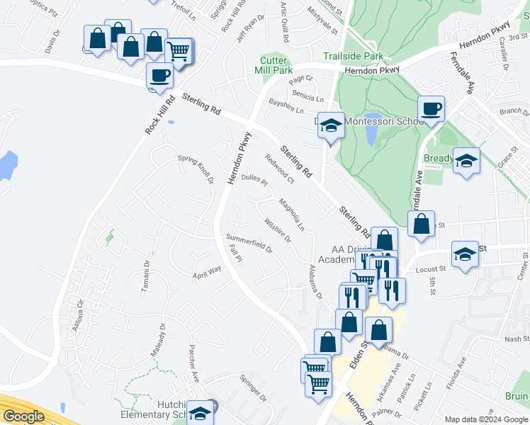 map of restaurants, bars, coffee shops, grocery stores, and more near 1260 Wilshire Drive in Herndon