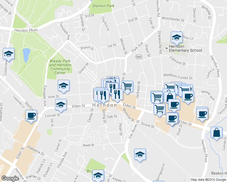 map of restaurants, bars, coffee shops, grocery stores, and more near 728 Pine Street in Herndon