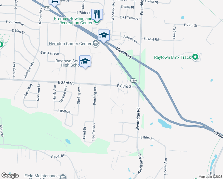 map of restaurants, bars, coffee shops, grocery stores, and more near 8300 Woodson Drive in Raytown