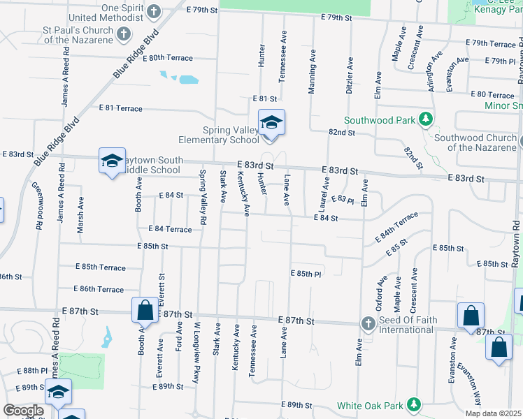 map of restaurants, bars, coffee shops, grocery stores, and more near 8312 Hunter in Raytown