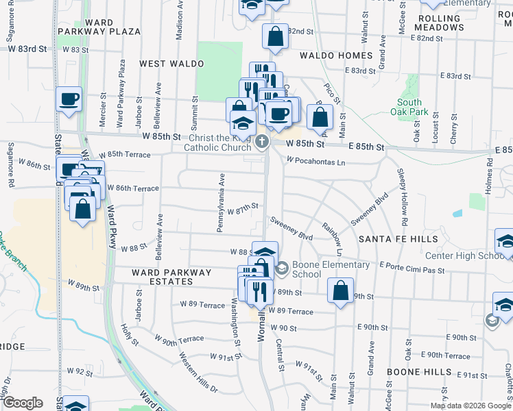 map of restaurants, bars, coffee shops, grocery stores, and more near 405 West 86th Terrace in Kansas City
