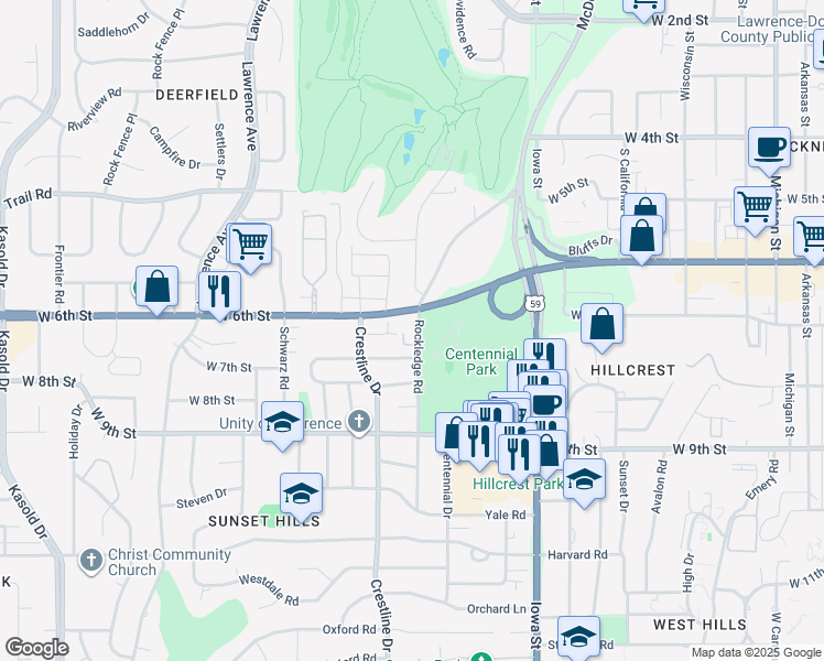 map of restaurants, bars, coffee shops, grocery stores, and more near 711 Rockledge Road in Lawrence