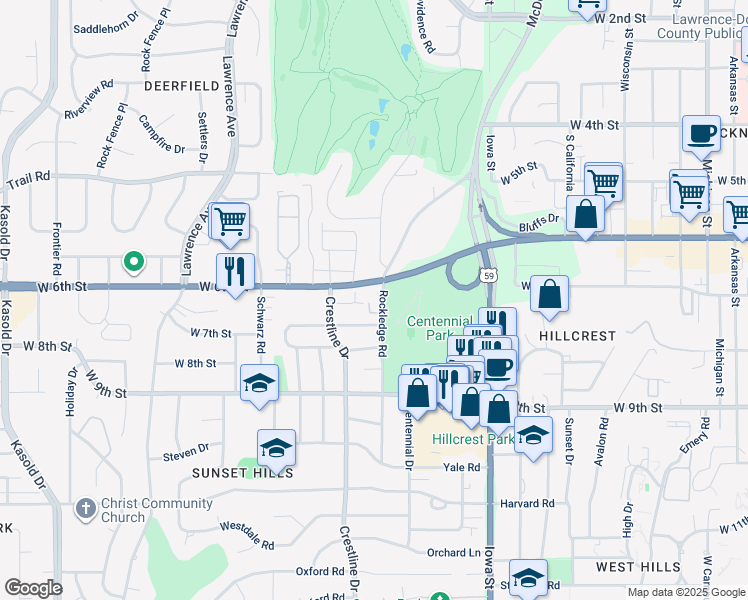 map of restaurants, bars, coffee shops, grocery stores, and more near 711 Rockledge Road in Lawrence