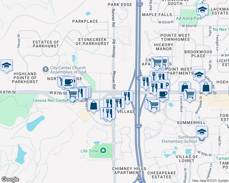 map of restaurants, bars, coffee shops, grocery stores, and more near 11201 Renner Road in Lenexa