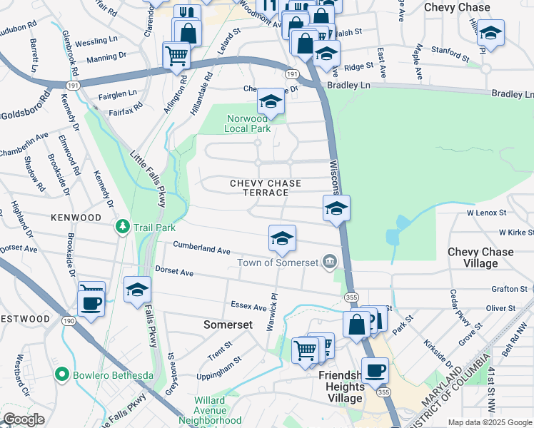 map of restaurants, bars, coffee shops, grocery stores, and more near 4707 Hunt Avenue in Chevy Chase