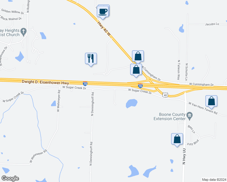 map of restaurants, bars, coffee shops, grocery stores, and more near 6650 West Sugar Creek Drive in Columbia