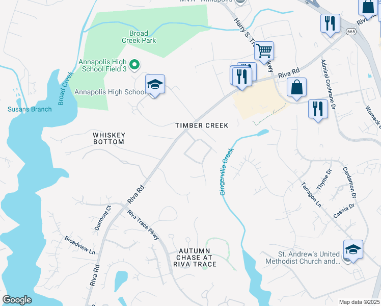 map of restaurants, bars, coffee shops, grocery stores, and more near 2707 Judson Place in Annapolis