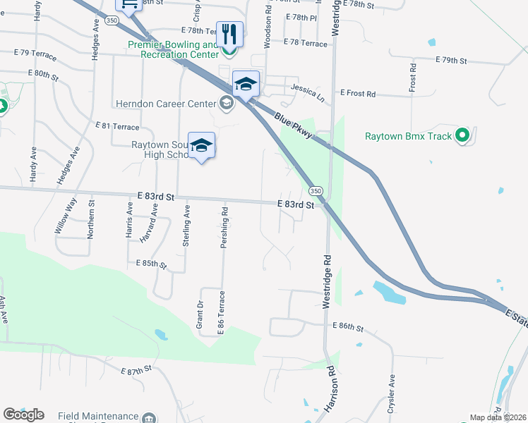 map of restaurants, bars, coffee shops, grocery stores, and more near 8300 Woodson Drive in Raytown