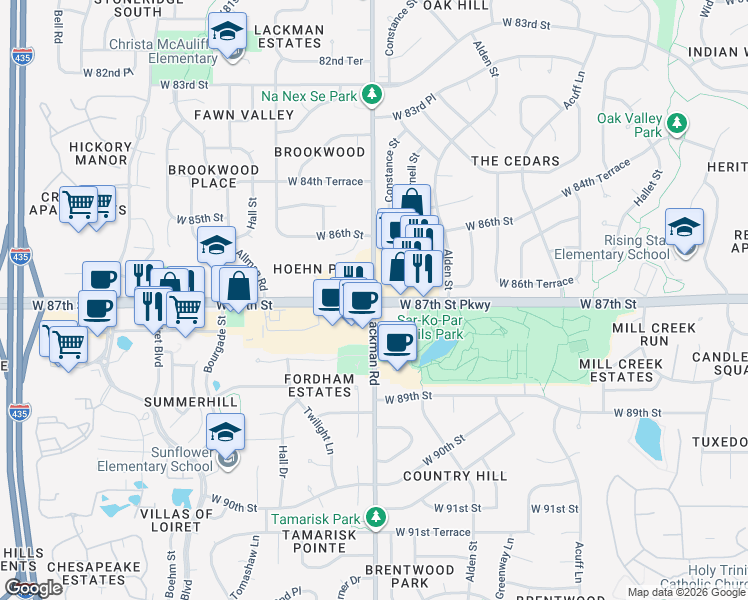 map of restaurants, bars, coffee shops, grocery stores, and more near Lackman Road in Lenexa