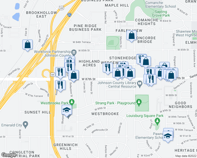 map of restaurants, bars, coffee shops, grocery stores, and more near Stearns Street in Overland Park