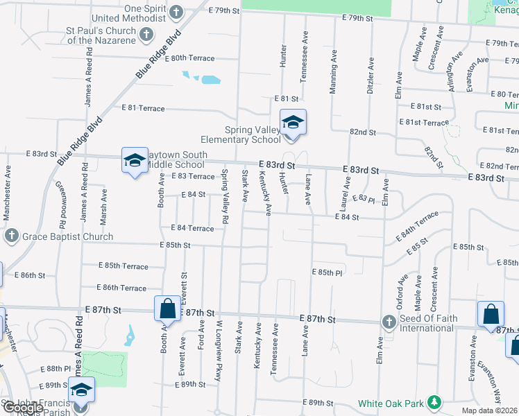 map of restaurants, bars, coffee shops, grocery stores, and more near 8814 East 84 Street in Raytown