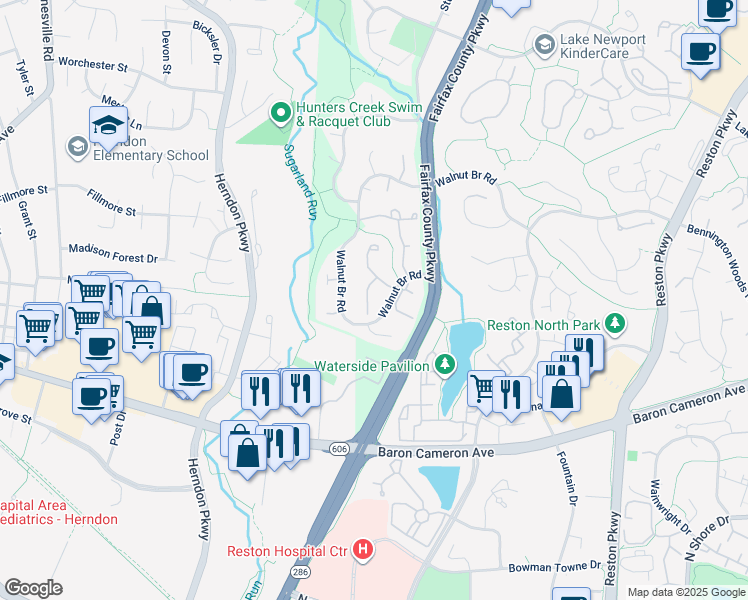 map of restaurants, bars, coffee shops, grocery stores, and more near 1671 Sierra Woods Court in Reston