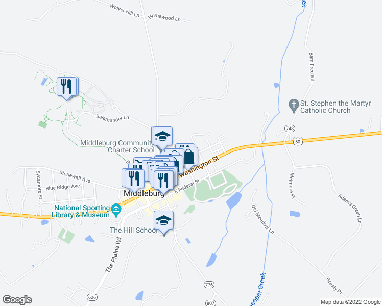 map of restaurants, bars, coffee shops, grocery stores, and more near 210 East Marshall Street in Middleburg