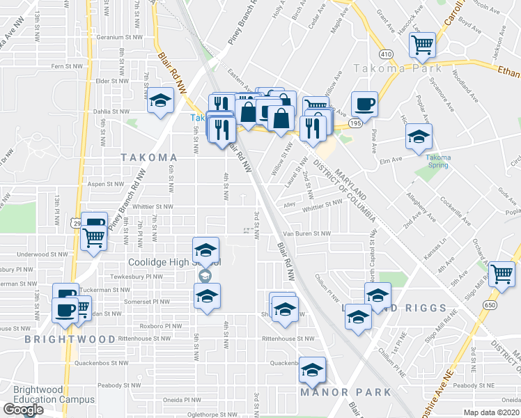 map of restaurants, bars, coffee shops, grocery stores, and more near 6661 3rd Street Northwest in Washington