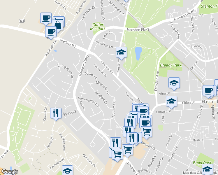 map of restaurants, bars, coffee shops, grocery stores, and more near 1226 Magnolia Lane in Herndon